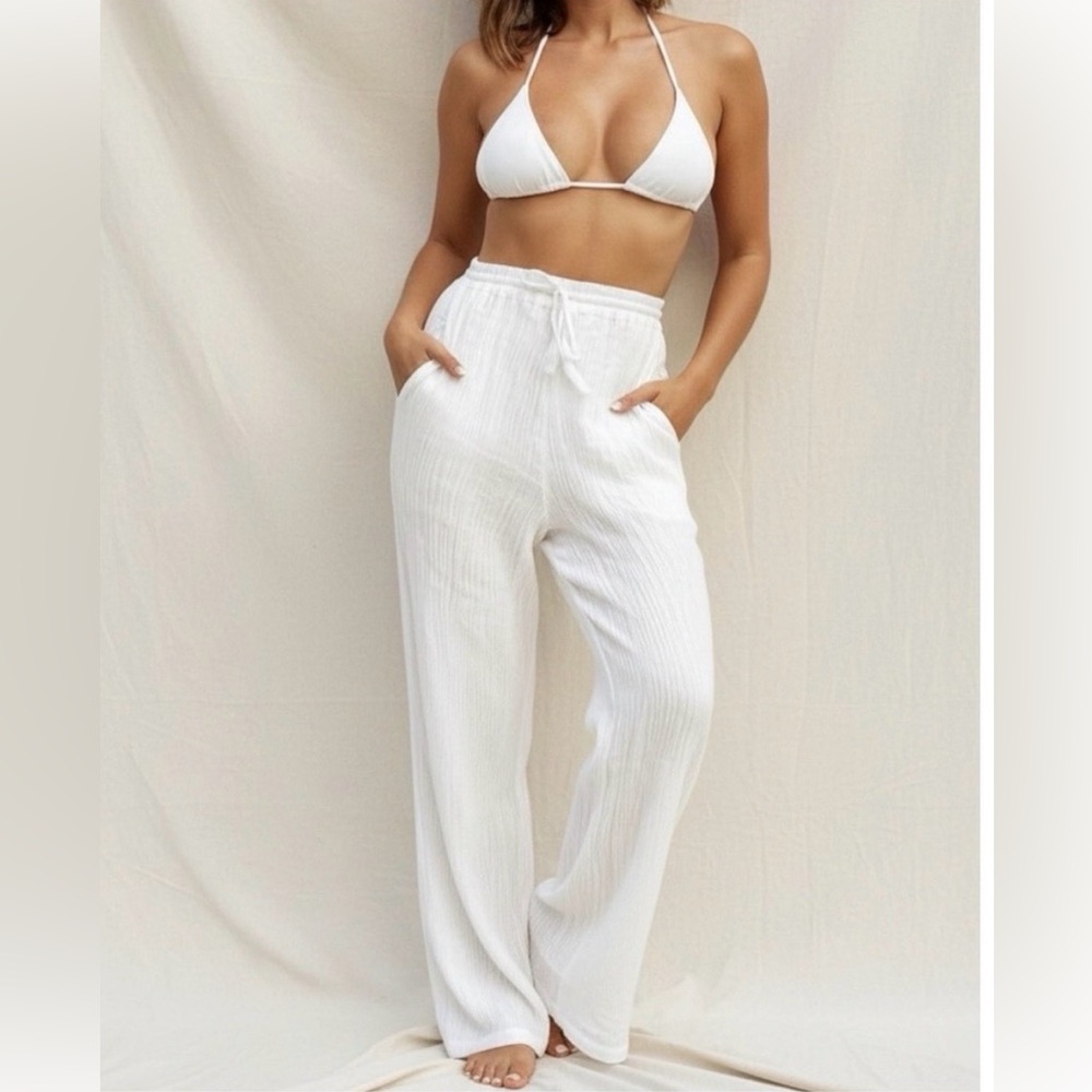 Brand New Monday Swim Tahiti White Crinkle Pants 100% Linen - P